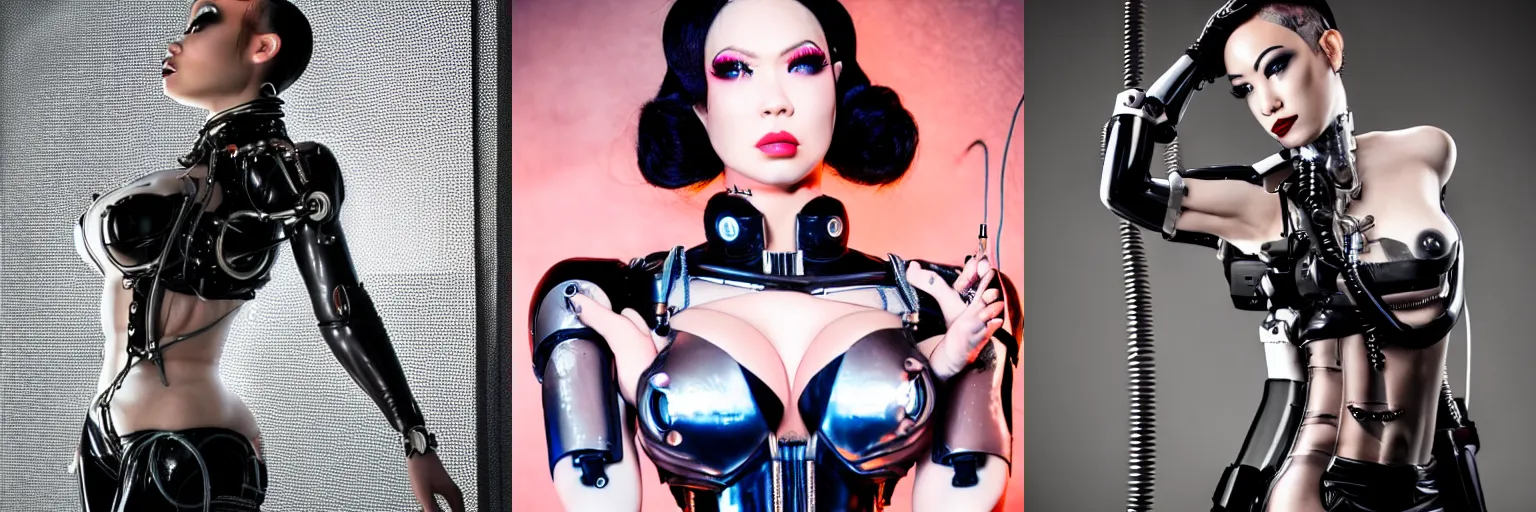 Prompt: masuimi max, cyborg, wires in skin, glamour photography, facing away from camera, latex clothes, detailed, pale skin, dramatic lighting, wires and circuitry in background