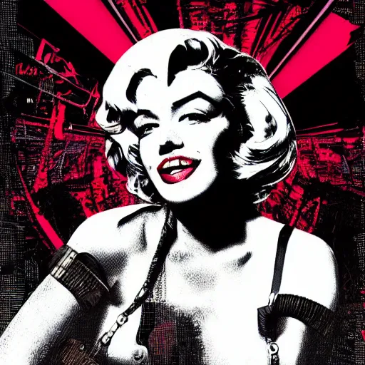 Image similar to Illustrated by Shepard Fairey and H.R. Geiger | Cyberpunk Marilyn Monroe with VR helmet, surrounded by cables