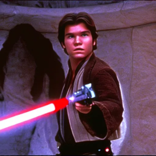 Prompt: A full color still from a film of a teenage Han Solo as a Jedi padawan holding a lightsaber hilt, very cohesive, from The Phantom Menace, directed by Steven Spielberg, 35mm 1990