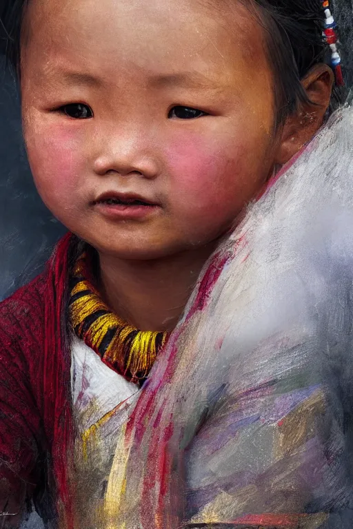 Image similar to Tibetan little girl, joyful, close-up portrait, intricate, elegant, volumetric lighting, scenery, digital painting, highly detailed, artstation, sharp focus, illustration, concept art, ruan jia, steve mccurry