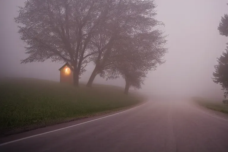 Prompt: looking down road, a lonely house, fog, mid night, dark, car lights