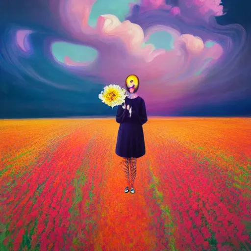 Image similar to woman with flower as face, surreal photography, standing in flower field, sunrise dramatic light, impressionistic painting, colorful clouds, artstation, dali, simon stalenhag