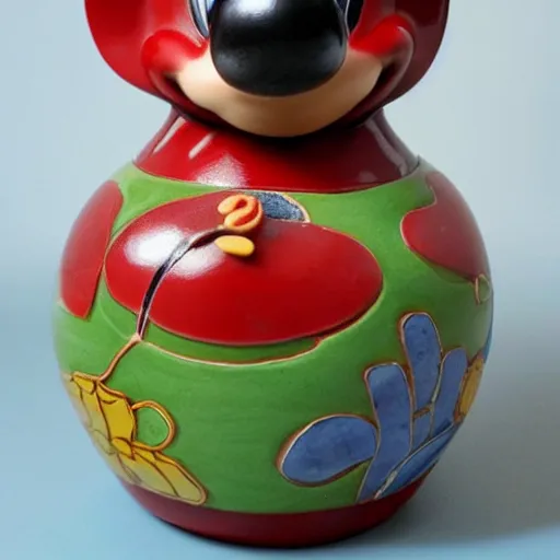 Prompt: vase work, vase art of Mickey Mouse in art style of chinese art, fragmented clay firing chinese vase with an Mickey Mouse, mickey as an character, chinese art!!!!! chinese art stylem chinese art!!!, chinese art style, mickey as a chinese art style!!!!