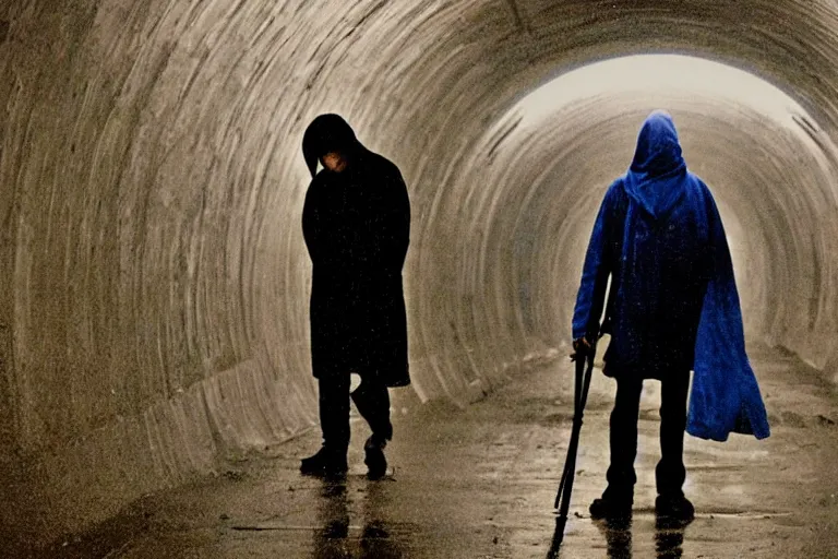 Image similar to a cinematic headshot photograph of a beautiful homeless war veteran, stood in a tunnel, rain, film still, cinematic, dramatic lighting, blue color theme, by bill henson and annie leibovitz