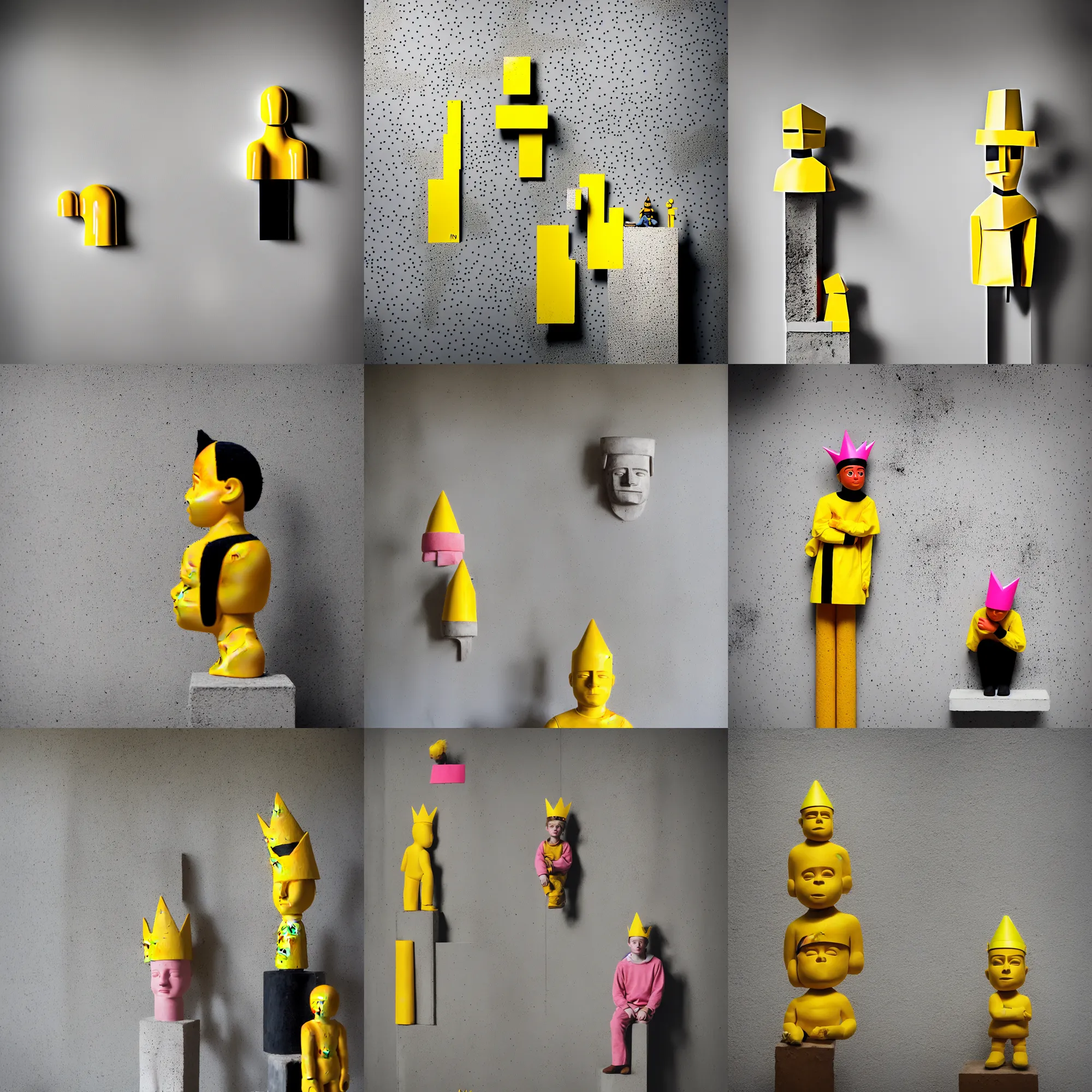 Image similar to kodak portra 4 0 0, 8 k, shot of a highly detailed, britt marling style, colour still - life portrait of a large minimalistic room, rough concrete walls, the wooden statue of a yellow black striped little man with pink crown on his head