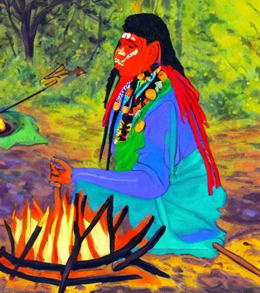 Image similar to Painting of a shaman dressed in a colorful traditional clothes. He is sitting in a forest next to a campfire, singing