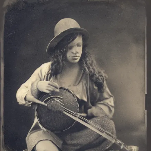 Prompt: A sepia-toned wet plate photograph, of a fox playing banjo, circa 1912, fox playing a banjo