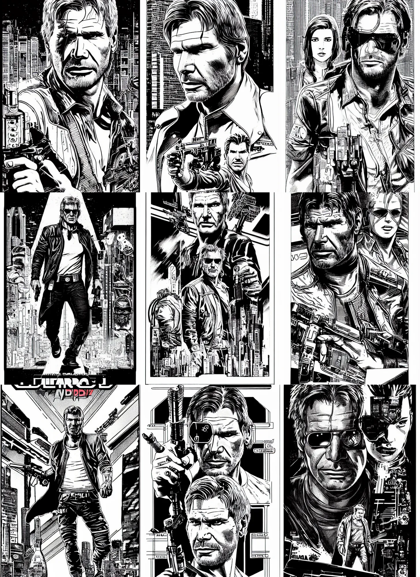 Prompt: harrison ford, cyberpunk 2 0 2 0 manual, by steampoweredmikej, by tim bradstreet, inktober, ink drawing, black and white, coloring pages, manga, highly detailed