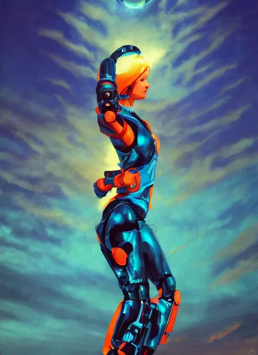 Image similar to symmetry!! dynamic pose! closeup portrait of a cyborg agile girl, high fashion cyborg jumpsuit, shoulder pads, cinematic light, backlight, teal orange, clouds, sunset, by gerald brom, by mikhail vrubel, by peter elson, muted colors, extreme detail, trending on artstation, 8 k