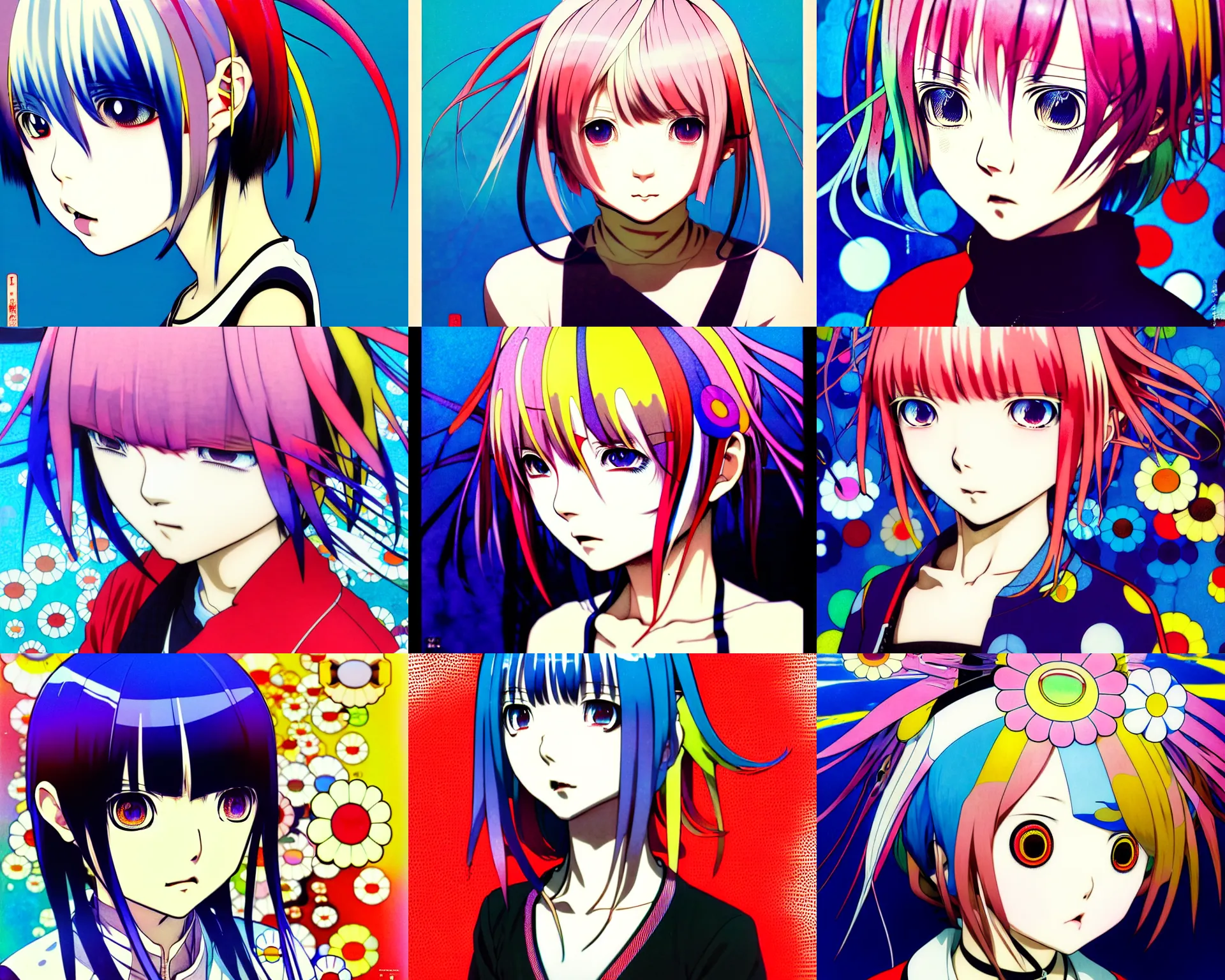 Image similar to takashi murakami, ilya kuvshinov illustration colorful anime portrait of reol, murata range, blue submarine no 6, manga, fine detail, perfect anime face, dramatic lighting, dynamic composition, moody, vivid, alphonse mucha, fine stippled lighting, grain, art deco, cel shading, yoshinari yoh, last exile