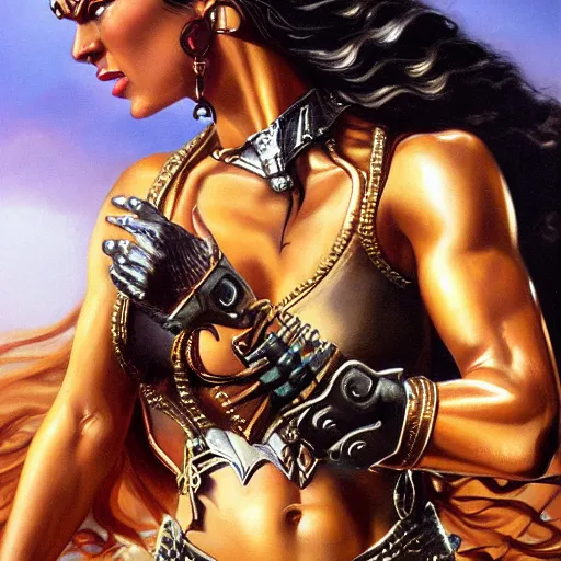 Prompt: detailed oil painting of tall hyper - muscular shining bronze - skinned warrior woman with silver eyes, wearing xena armor, full body, with long wavy flowing black hair and big gold earrings, jewelry, red lipstick, makeup, feminine, volumetric lighting, dynamic composition, art by boris vallejo, heavy metal magazine