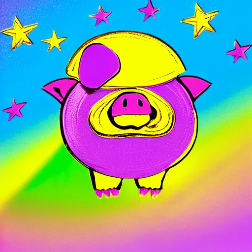 Prompt: lisa frank dashing pig wearing a simple gold throwing a football in the style of peter max