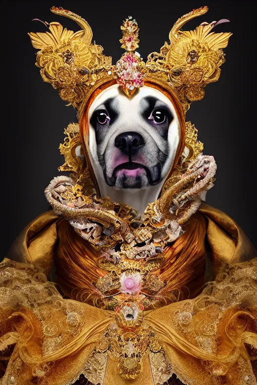 Prompt: a beautiful empress portrait, with a brilliant, impossible striking big Puppy headpiece, clothes made of puppies, everything puppies, symmetrical, dramatic studio lighting, rococo, baroque, asian, hyperrealism, closeup, D&D, fantasy, intricate, elegant, highly detailed, digital painting, artstation, octane render, 8k, concept art, matte, sharp focus, illustration, art by Artgerm and Greg Rutkowski and Alphonse Mucha