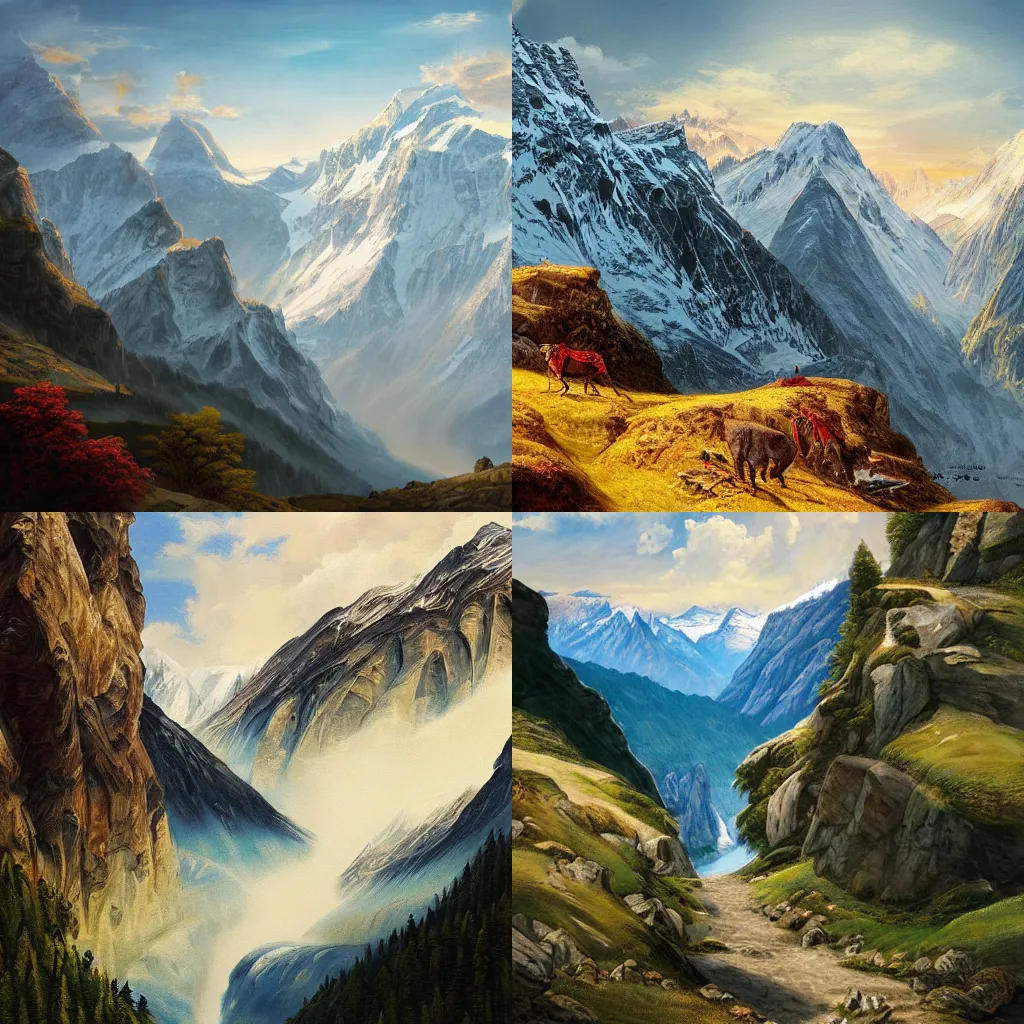 Prompt: illustration of Switzerland mountains, realistic painting, classical painting, high definition, digital art, matte painting, very detailed, realistic