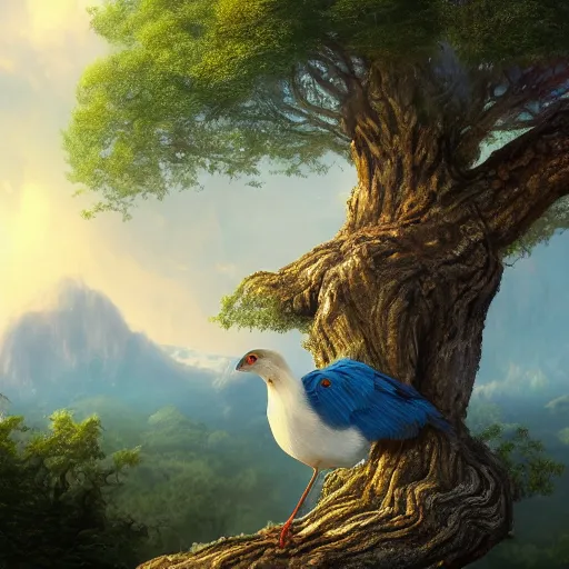 Image similar to The most beautiful realistic matte painting of a blue ring neck bird sitting on a tree surrounded by mountains, fantasy, dream-like, artstationHQ