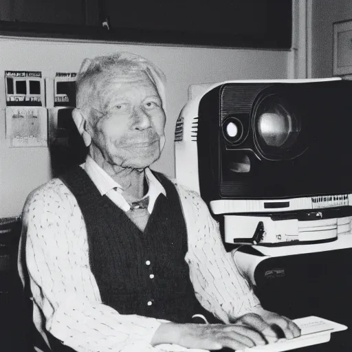 Image similar to Detailed polaroid photograph of a guy sitting at his 80s computer late at night in a dark room with only the screen lighting up the room
