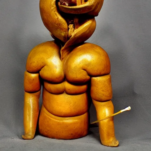 Image similar to Salvador Dali surrealist sculpture of a Moche Lima Bean Warrior fighting and egghead Warrior