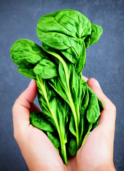 Prompt: photo spinach in a hand
