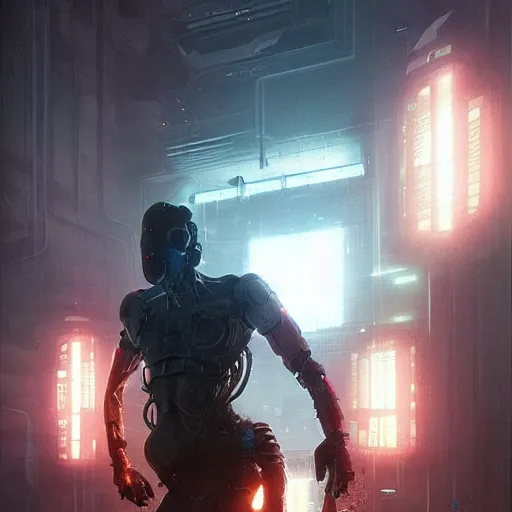 Image similar to the ai upload himself to a human body, sci - fi, cyber punk, greg rutkowski