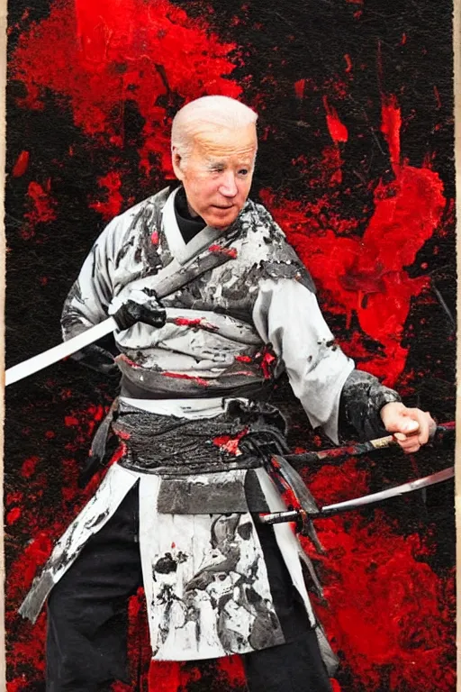 Prompt: Joe Biden with tattered samurai clothes dripping blood holding a katana, dynamic pose, full body portrait, photograph