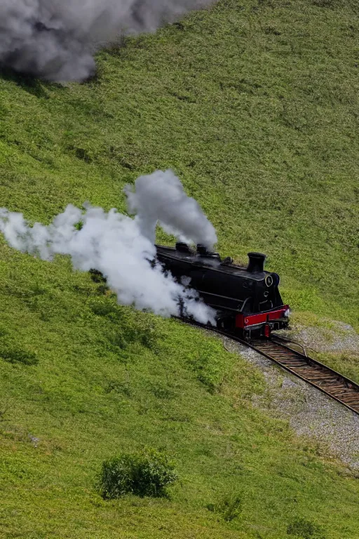 Prompt: Steam locomotive on the hill