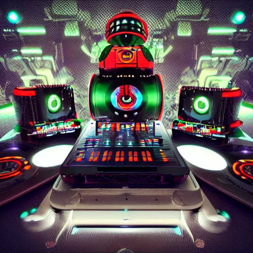 Image similar to album art, text roborock, 3 dieselpunk robot heads with robot arms on a dj desk with a cd mixer, 8 k, fluorescent colors, halluzinogenic, multicolored, exaggerated detailed, front shot, 3 d render, octane