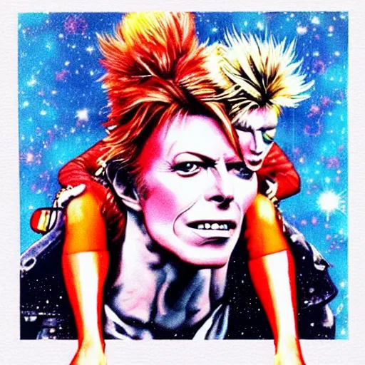 Prompt: david bowie from changes giving a piggy back ride to ziggy stardust. glam rock. by katsushika oi