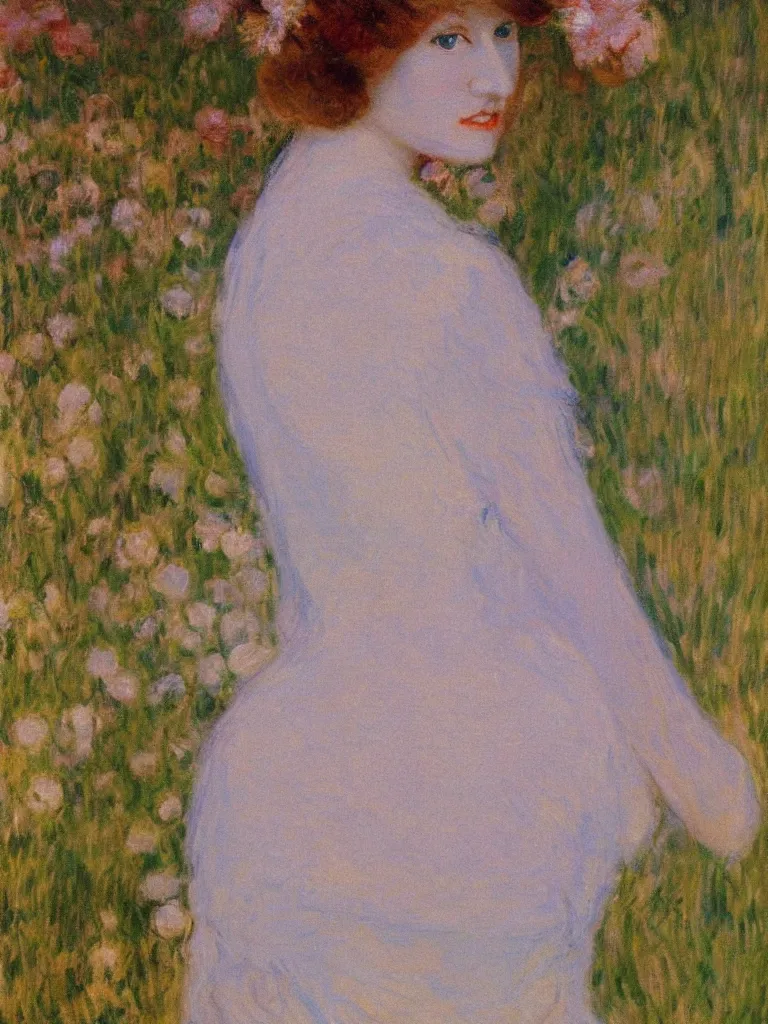 Image similar to portrait of < zelda fitzgerald > as a beautiful young lady, in the sun, slim, out of focus, pleinairism, backlit, closeup, oil on canvas, atr by monet, in the style of le promenade, smooth, impressionnisme, 8 k
