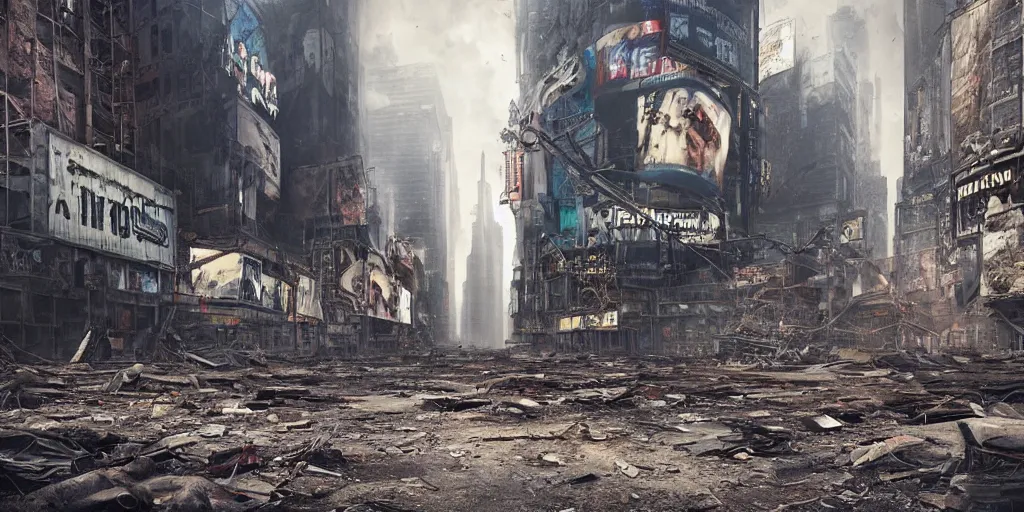 Prompt: An abandoned, post-apocalyptic Times Square, buildings in ruins. HD worth1000.com photography, award winning photos from the apocalypse, historical archive, Greg Rutkowski artistry works, industrial light and magic, light looping, light glow, National Geographic. Favorites on Deviantart, Trending on Artstation