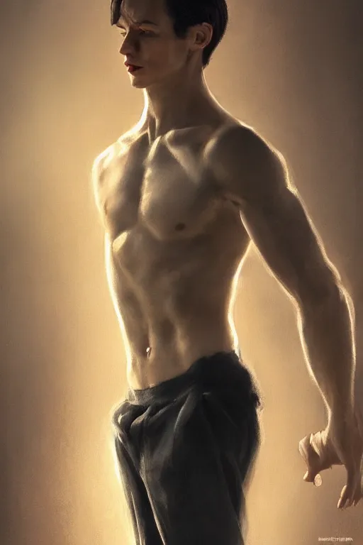 Image similar to stunningly handsome, ballet dancer in jungle, symmetrical face, golden hour, smooth, focus, highly detailed, hyper realistic, dramatic lighting, elegant, intricate, concept art, art by wlop, mars ravelo, greg rutowski, artstation