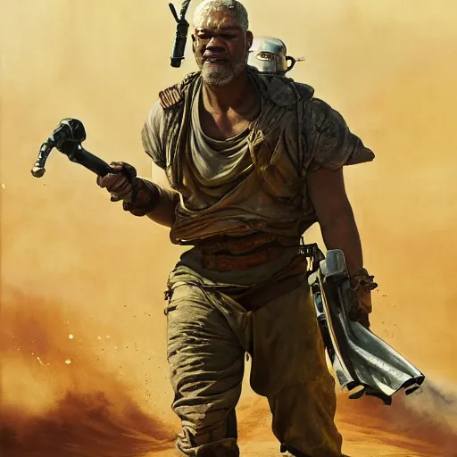 Image similar to Epic Masterpiece action shot of Lawrence Fishburne as Immortan Joe in Mad Max: Fury road (2015), drawn by Donato Giancola and Tom Bagshaw, Edmund Leighton, Alphonse Mucha, 4k, volumetric lighting, komorebi, trending on artstation, octane render, hyperrealistic