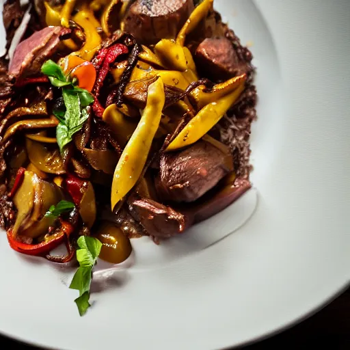 Image similar to lomo saltado, michelin star restaurant, award winning photo, food photography, 4 k