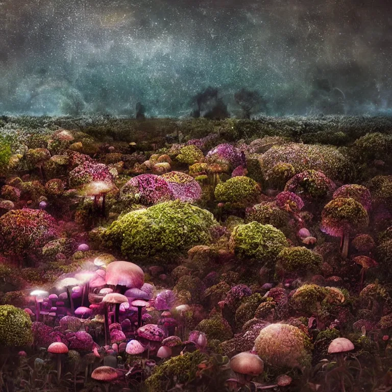 Image similar to a planet of various fungus, mushrooms, flowers and plants, inside the picture is infinity, Atmospheric, artistic photography, conceptual, long exposure outside the city, volumetric light