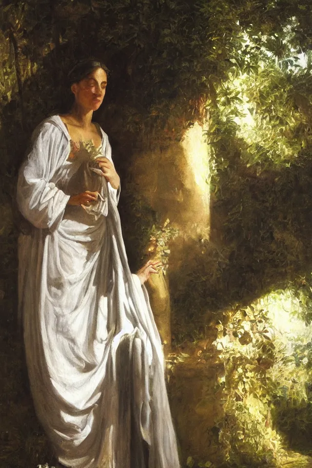 Image similar to chiaroscuro painting, dapple light, a beautiful greek woman in robes in a lush garden