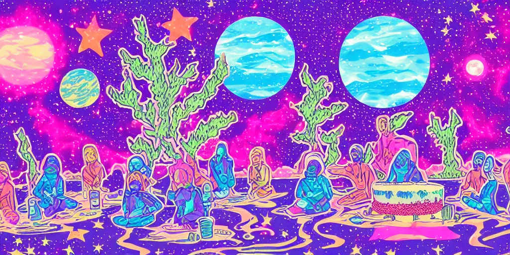 Image similar to twelve astronauts sitting by the river with a big holiday cake + psychedelic vegetation + purple, pink, blue + planets and stars + mystical fog, super detail, high quality