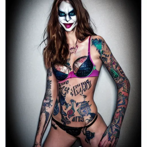 Prompt: fully body pose, photo of a very beautiful!! victoria secret model, the joker, fully tattooed, 8 k, hdr, smooth, sharp focus, high resolution, award - winning photo, trending on artstation, dslr, 5 0 mm c 1 5. 0