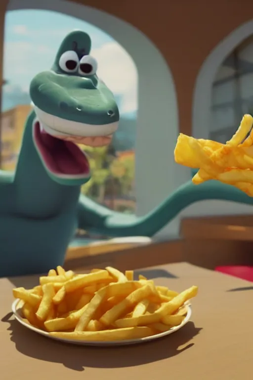 Image similar to a very detailed 3d rendered snake eating french fries in a mc donalds commercial, 4k sharp, 3d render , cinema4d by Beeple and pixar