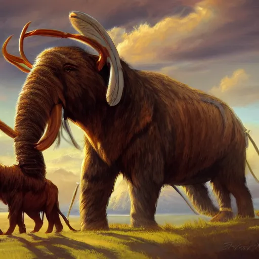 Image similar to painting of native americans riding mammoths, artstation, ultra detailed