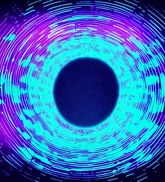 Image similar to an iridescent wormhole wireframe absorbing a galaxy, dark synthwave, aesthetic mood, vintage, sci - fi, 4 k