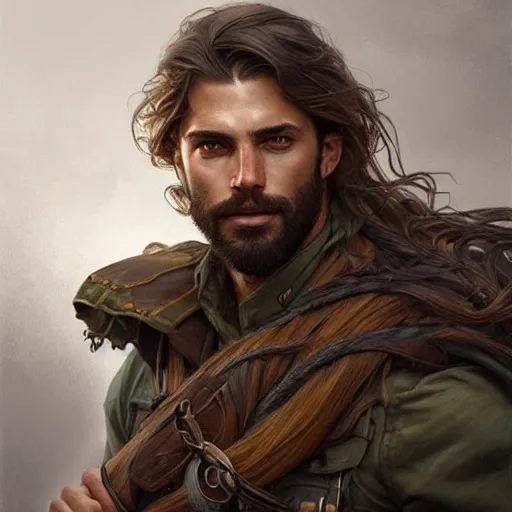 Image similar to Portrait of rugged male ranger, D&D, amber eyes, face, long hair, muscular, fantasy, intricate, elegant, highly detailed, digital painting, artstation, concept art, smooth, sharp focus, illustration, art by artgerm and greg rutkowski and alphonse mucha