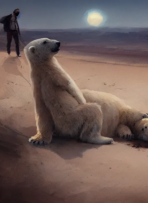 Prompt: dying polar bear on a desert, by greg rutkowski, trending on artstation, masterpiece