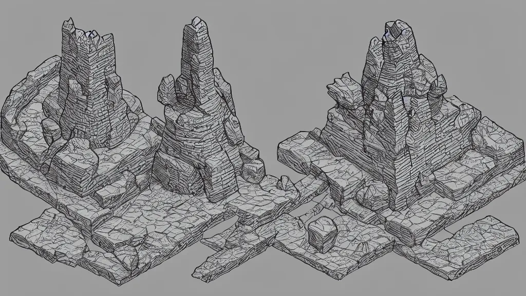 Prompt: isometric view of a wizard tower that's surrounded by rocks and mountains, lineart