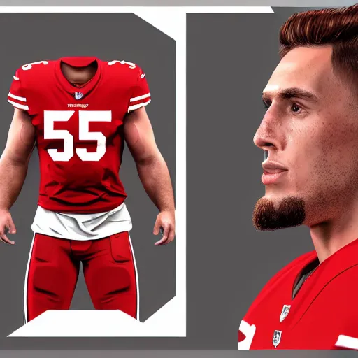 Image similar to Portrait of George Kittle wearing a San Francisco 49ers shirt, ultradetailed, studio lightning, trending on artstation, concept art