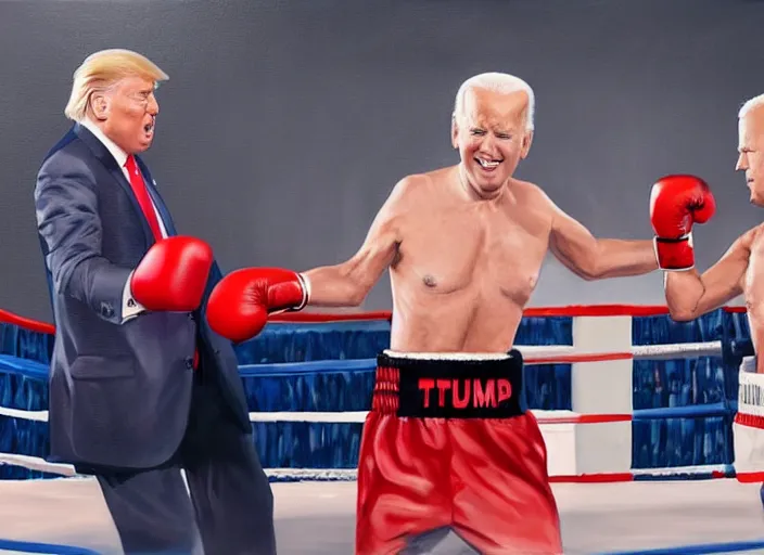 Image similar to a beautiful painting of donald trump and joe biden in a boxing match, cinematic angle, studio lighting, movie concept, trending on artstation, octane render, 8 k, ultra high detail