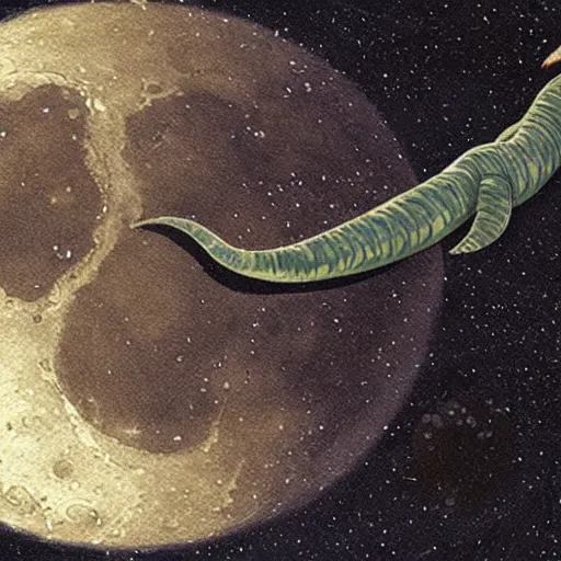 Prompt: a anaconda swallowing the moon in the night sky, hyperrealistic