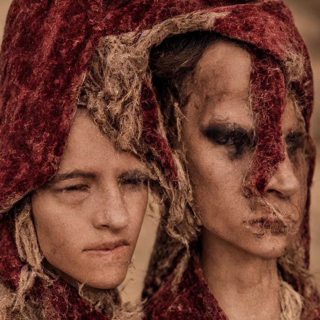 Prompt: highly detailed portrait fashion photography of a stern face gazing at the camera, wearing a velvet face cover, in autumn, 105mm f2.8 at the Giza Pyramid