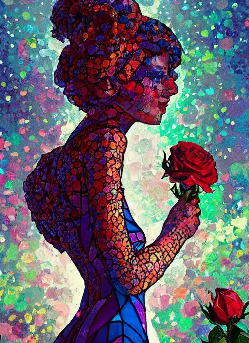 Prompt: beautiful woman wearing a dress made from stained glass in the design of a rose. painting by paul lehr and greg rutkowski and ilya kuvshinov