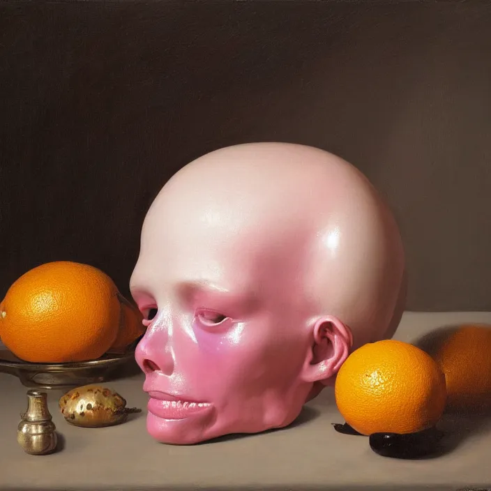 Image similar to still life painting of a melting glossy pink mannequin head, by pieter claesz, oil on canvas, strong lighting, highly detailed, peeled orange, dragon fruit, hyper realism, golden hour, god rays, hd, 4 k