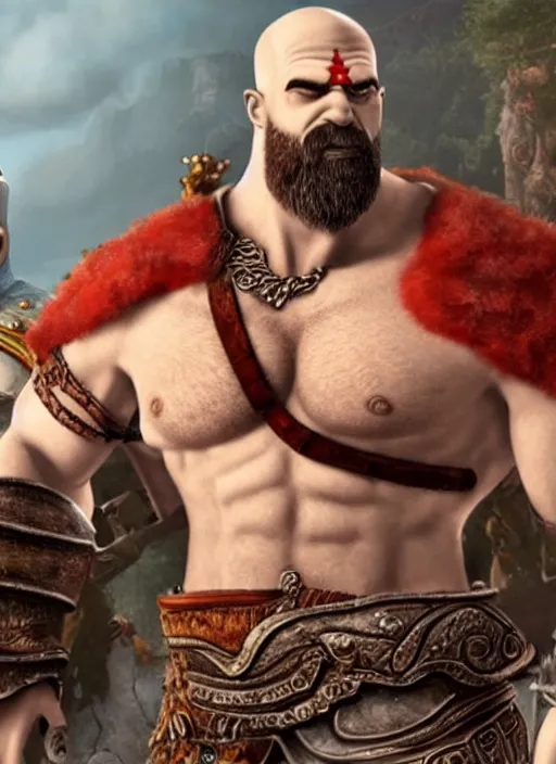 Image similar to painted white Homer Simpson depicted as Kratos God of War, high detailed official artwork