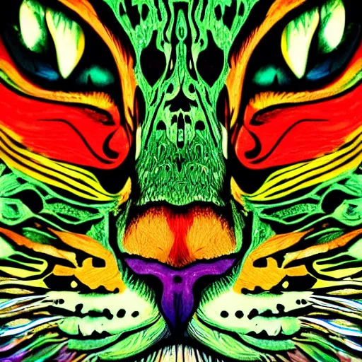 Prompt: colourful green man as a cat face by louis wain and william morris, extreme closeup, 8 k, artstation